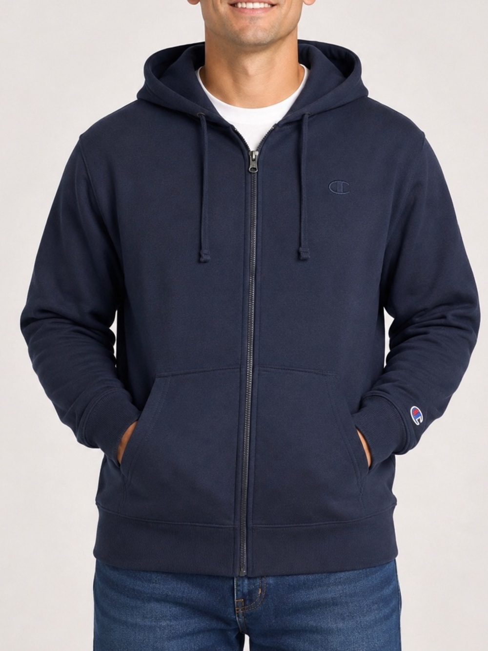 Champion Men’s Powerblend Full Zip Hoodie sweater size XL Navy Blue pockets hood